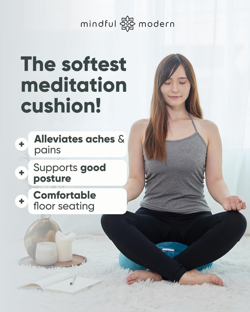 Mindful Modern وسادة تأمل مخملية عصرية وواعية | وسادة زافو فاخرة لليوغا | دعم الوضعية | مملوءة بقشور الحنطة السوداء | وسادة دائرية كبيرة بغطاء قابل للإزالة والغسل + مقبض حمل | لون تركوازي - Image 2